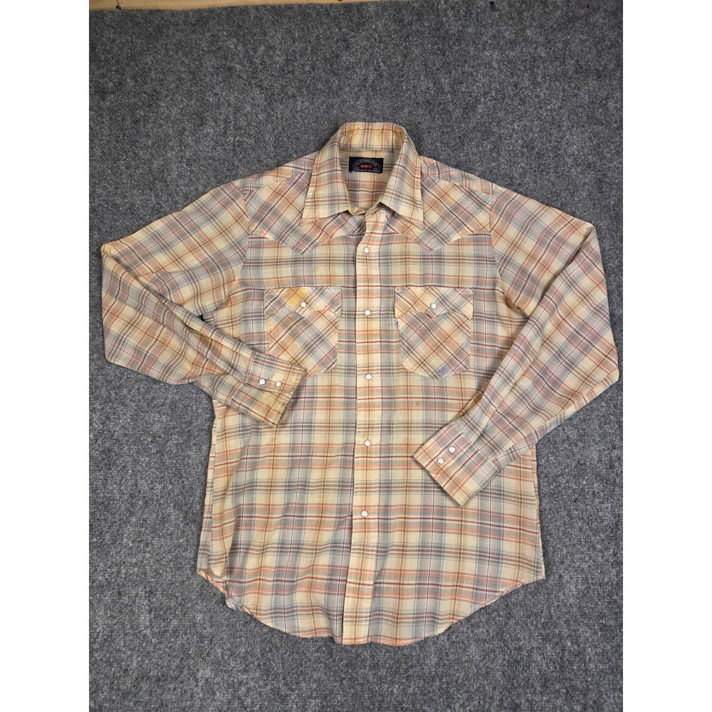 Levi Western Shirt Mens M Tan Blue Plaid Pearl Snap Long Sleeve Vintage